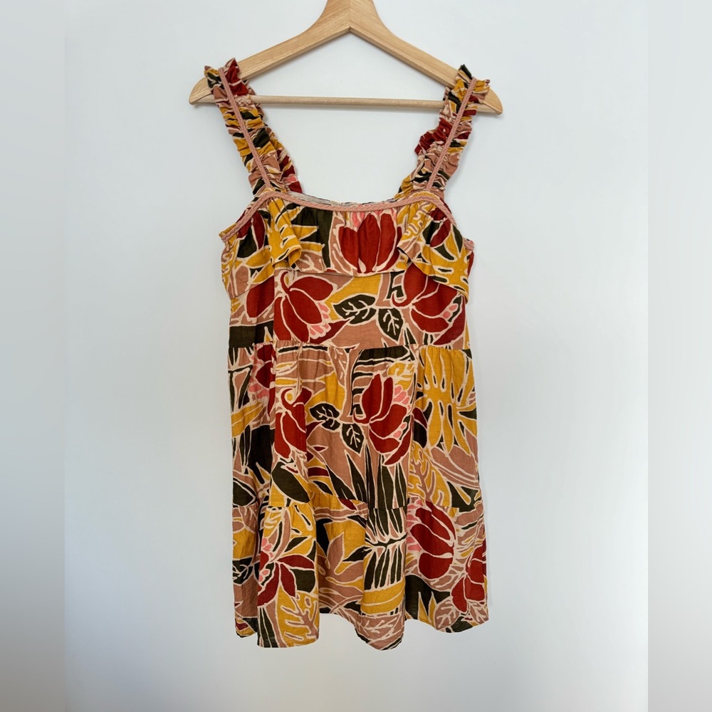 Sezane Fily Vicky Leaves Print linen blend Cotton ruffles mini Dress size 36 /4 - Picture 6 of 6